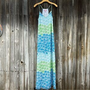 Lilly Pulitzer Dusk Maxi Dress Shell Shacked Print Silk Blue Green Gold M
